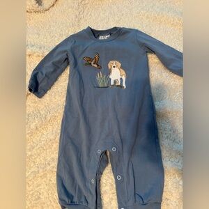 Blue Baby Footed One-Piece with Duck & Puppy Appliqué